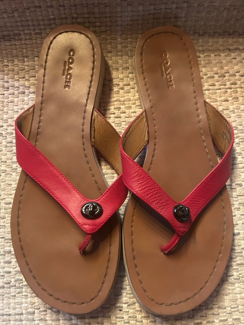 Coach Women’s Pink Leather Thong Sandals with Logo Accent